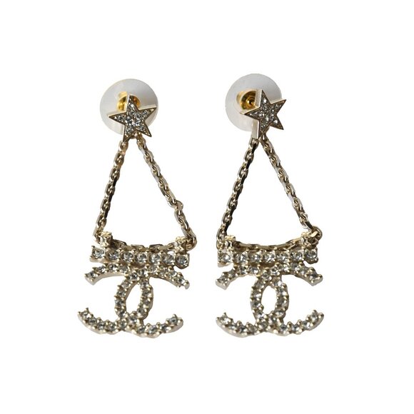 Chanel Crystal Strass Star CC Drop Earrings Gold - Picture 1 of 1